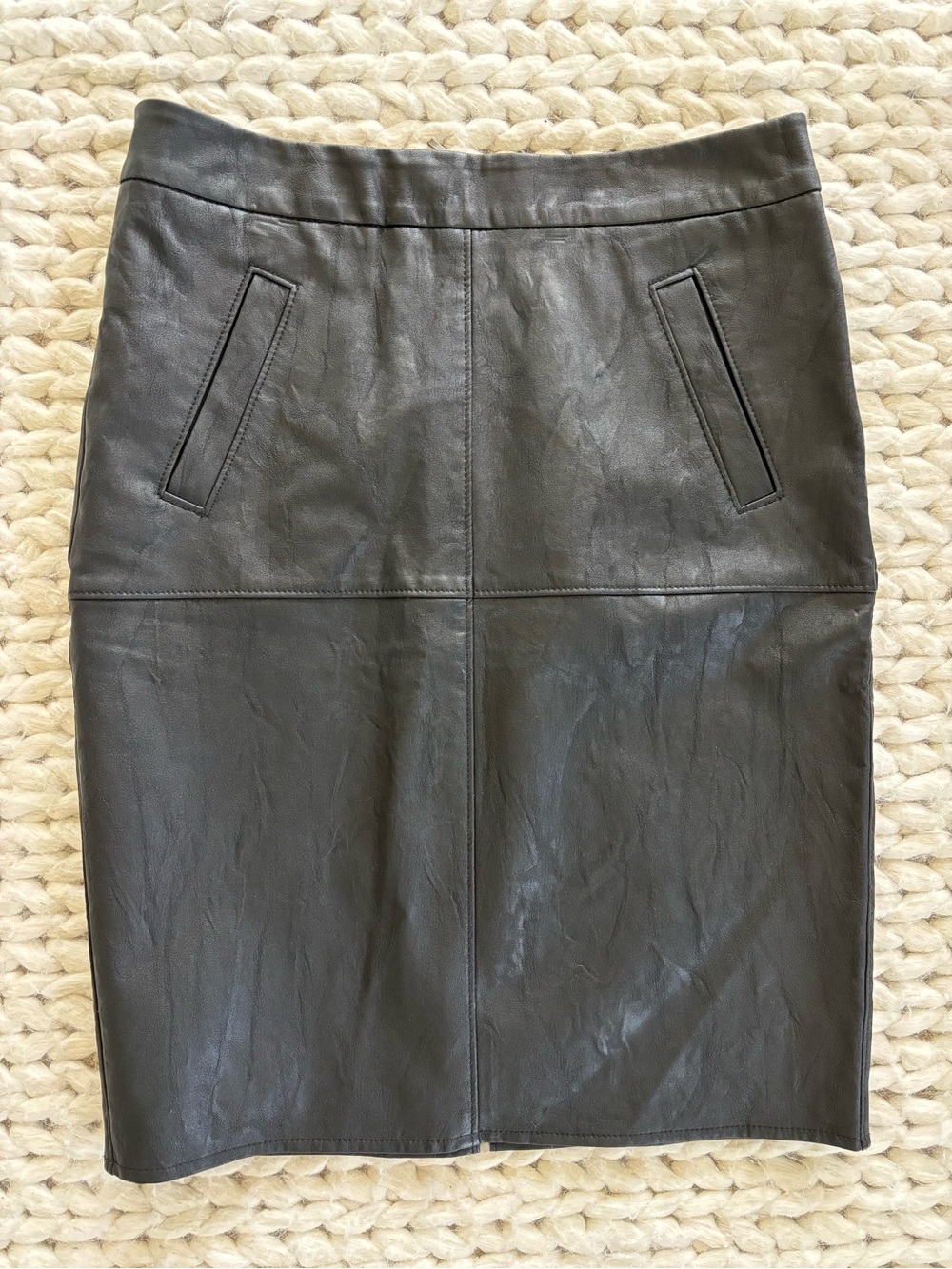 CAbi Black Leather Pencil Skirt with Welt Pockets